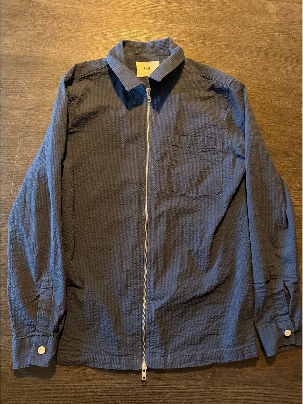 Folk Navy Blue Cotton Seersucker Full Zip Overshirt 4 L